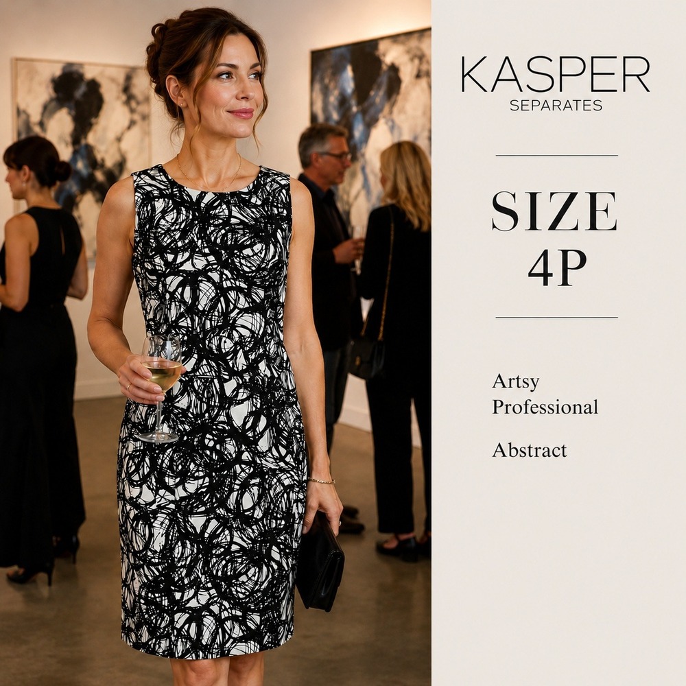 Kasper Sheath Dress Womens 4P Black White Abstract Swirl Sleeveless Artsy Office